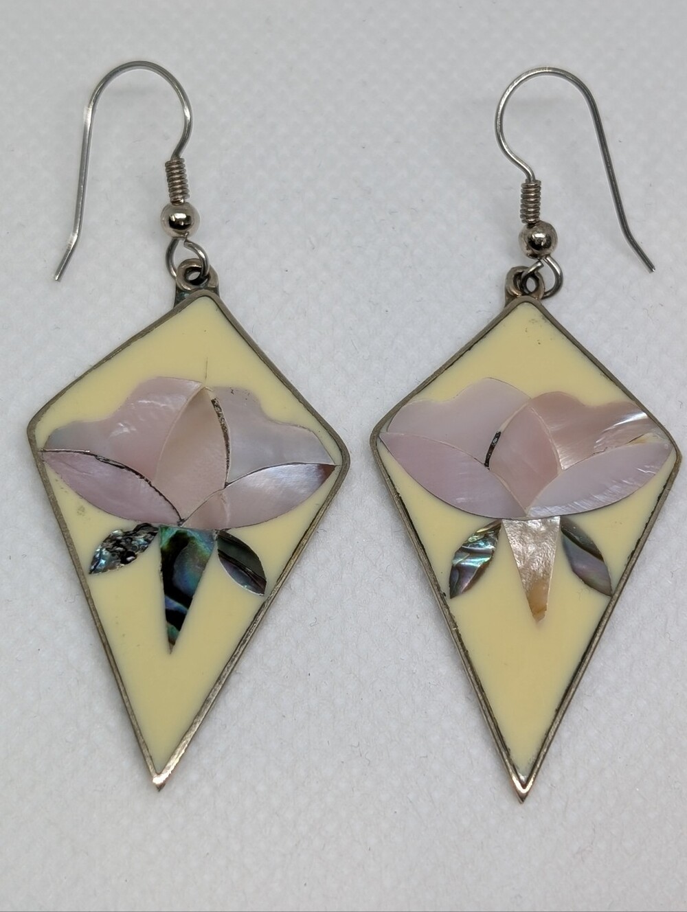 Vintage Alpaca Mexico Yellow Inlay Abalone Lotus Flower Drop Earrings